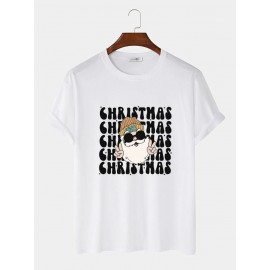 Mens Christmas Cartoon Santa Claus Letter Print Short Sleeve T-Shirts Winter