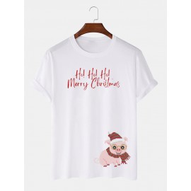 Mens Christmas Cartoon Pig Print Crew Neck Short Sleeve T-Shirts Winter