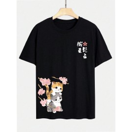 Mens Japanese Cherry Blossoms Cat Print Crew Neck Short Sleeve T-Shirts Winter