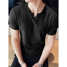 Mens Solid Notched Neck Waffle Knit Short Sleeve T-Shirt