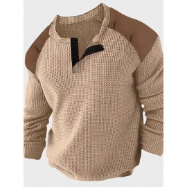 Mens Contrast Patchwork Quarter Button Waffle Knit Long Sleeve T-Shirts Winter