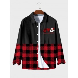 Mens Christmas Santa Claus Plaid Patchwork Lapel Long Sleeve Shirts Winter