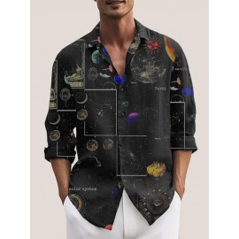 Mens Galaxy Planet Print Lapel Casual Long Sleeve Shirts Winter