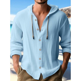 Mens Solid Button Up Long Sleeve Drawstring Hooded Shirts