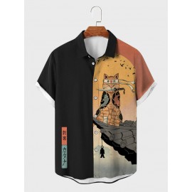 Mens Japanese Warrior Cat Print Patchwork Short Sleeve Shirts Winter