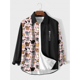 Mens Japanese Cat Print Patchwork Lapel Long Sleeve Shirts Winter