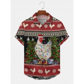 Mens Christmas Element Chicken Print Lapel Short Sleeve Shirts Winter