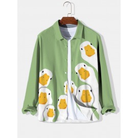 Mens Cartoon Duck Print Lapel Button Up Long Sleeve Shirts Winter