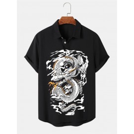 Mens Dragon Print Lapel Button Up Short Sleeve Shirts Winter