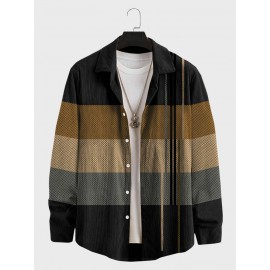 Mens Color Block Striped Patchwork Lapel Corduroy Long Sleeve Shirts Winter