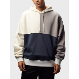 Mens Color Block Patchwork Casual Loose Drawstring Hoodies Winter