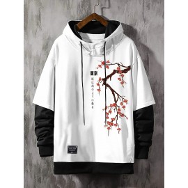 Mens Japanese Cherry Blossoms Print Contrast Patchwork Drawstring Hoodies Winter