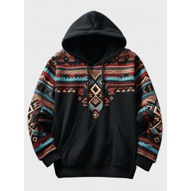 Mens Ethnic Geometric Print Kangaroo Pocket Drawstring Hoodies Winter