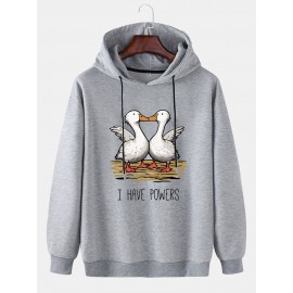 Mens Cartoon Duck Slogan Print Casual Drawstring Hoodies Winter