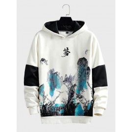 Mens Chinese Landscape Ink Painting Print Contrast Patchwork Hoodies Winter