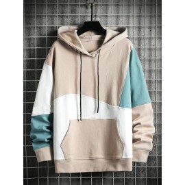 Mens Irregular Color Block Patchwork Kangaroo Pocket Drawstring Hoodies Winter