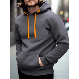 Mens Solid Kangaroo Pocket Contrast Drawstring Casual Hoodies Winter