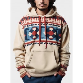 Mens Ethnic Geometric Print Kangaroo Pocket Loose Drawstring Hoodies Winter