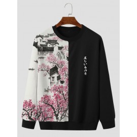 Mens Landscape Print Patchwork Crew Neck Pullover Sweatshirts Winter