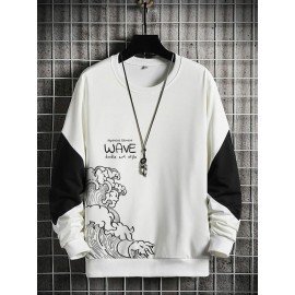 Mens Japanese Wave Print Contrast Patchwork Crew Neck Pullover Sweatshirts Winter