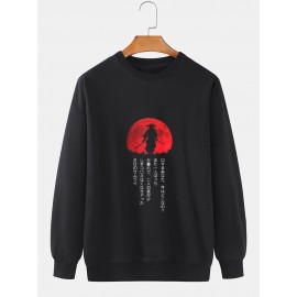 Mens Japanese Ninja Red Sun Print Crew Neck Pullover Sweatshirts Winter