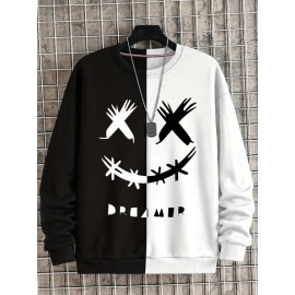 Mens Funny Smile Contrast Patchwork Crew Neck Pullover Sweatshirts Winter