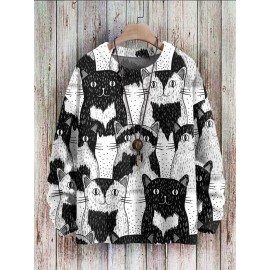 Mens Allover Cartoon Cat Print Crew Neck Pullover Sweatshirts Winter