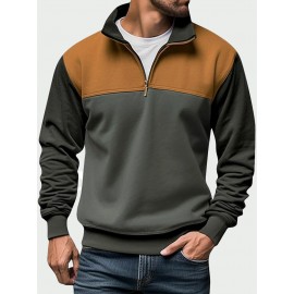 Mens Contrast Patchwork Stand Collar Half Zip Pullover Sweatshirts Winter