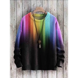 Mens Colorful Ombre Stripe Crew Neck Pullover Sweatshirts Winter