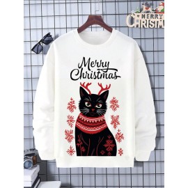 Mens Christmas Cat Snowflake Print Crew Neck Pullover Sweatshirts Winter