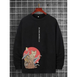 Mens Japanese Cat Print Crew Neck Loose Pullover Sweatshirts Winter